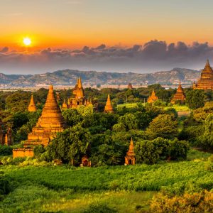 Ancient temple archeology in Bagan after sunset, Myanmar temples in the Bagan Archaeological Zone Pagodas and temples of Bagan world heritage site, Myanmar, Burmar.