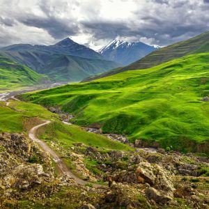 Azerbaijan landscape in nature, Beautiful mountains and hills in the north of Azerbaijan near Quba in the village Khinaliq